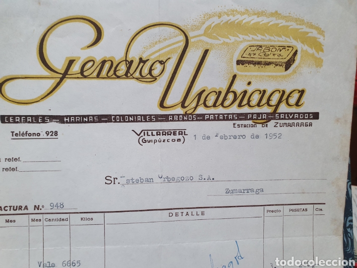 Old Invoices: GENARO USABIAGA. VILLAREAL. GUIPUZCOA. FACTURA A&Ntilde;O 1952.