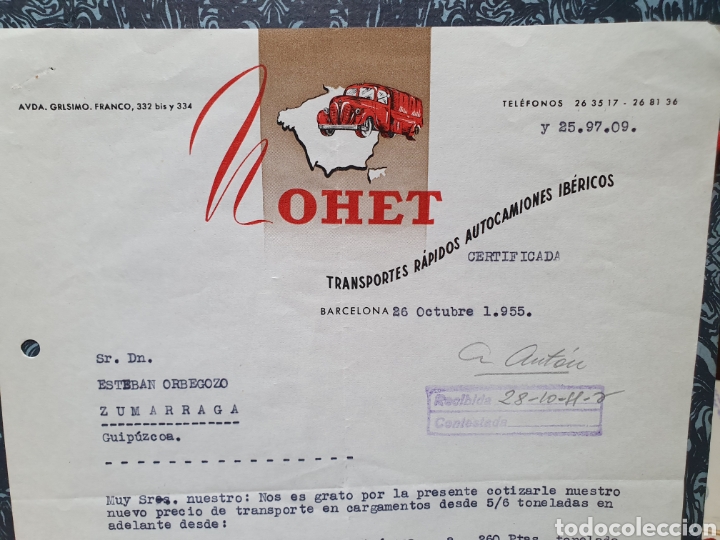 Old Invoices: OHET, TRANSPORTE RAPIDOS AUTOCAMIONES IBERICOS. BARCELONA. FACTURA A&Ntilde;O 1955.