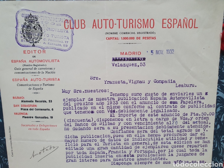 Faturas antigas: CLUB AUTO-TURISMO ESPA&Ntilde;OL. MADRID. FACTURA A&Ntilde;O 1932.
