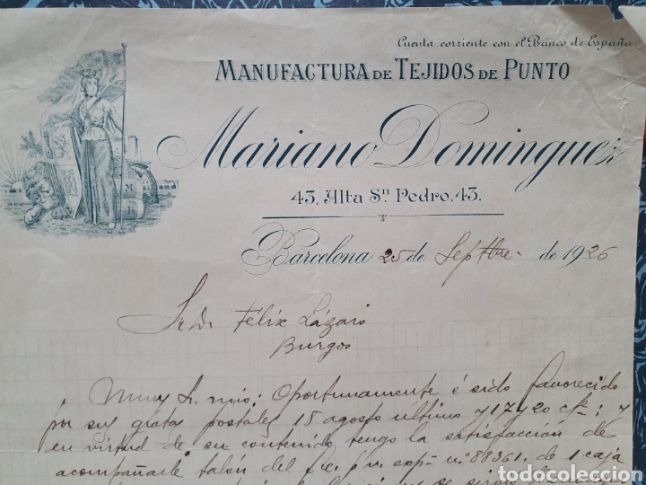Alte Rechnungen: MARIANO DOMINGUEZ. MANUFACTURAS DE TEJIDOS DE PUNTO. BARCELONA. FACTURA A&Ntilde;O 1926.