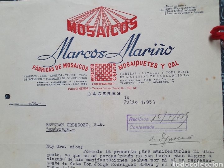 Alte Rechnungen: MARCOS MARI&Ntilde;O. FABRICA DE MOSAICOS. CACERES. FACTURA 1953.