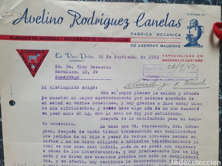 Alte Rechnungen: AVELINO RODRIGUEZ CANELAS. LA RUA-PETIN. ORENSE. FACTURA A&Ntilde;O 1953. FABRICA MECANICA DE ASERRAR.