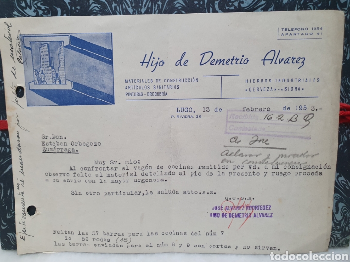 Old Invoices: HIJO DE DEMETRIO ALVAREZ. LUGO. FACTURA A&Ntilde;O 1953.