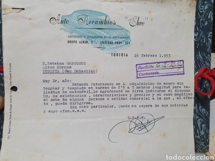Old Invoices: AUTO RECAMBIOS EBRO. TORTOSA. FACTURA A&Ntilde;O 1953.