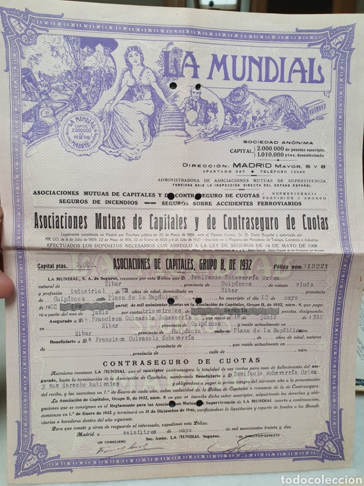 Old Invoices: LA MUNDIAL. ASOCIACIONES MUTUAS DE CAPITALES Y DE CONTRASEGURO DE CUOTAS. MADRID. A&Ntilde;O 1932