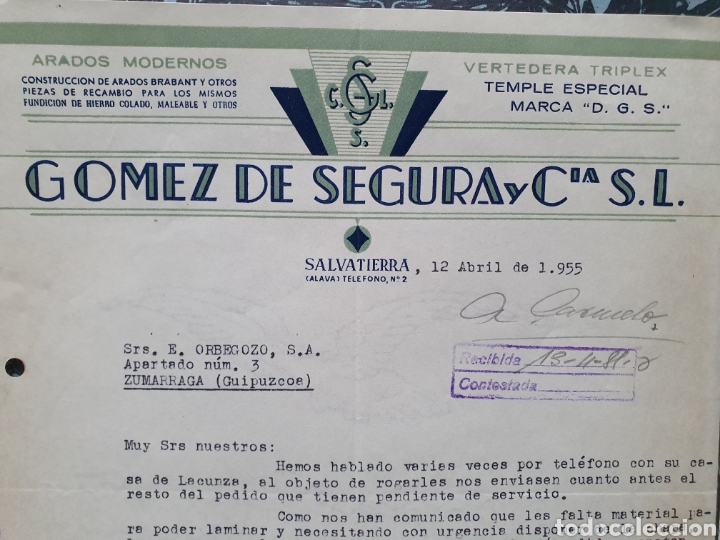 Old Invoices: GOMEZ DE SEGURA Y CIA. SALVATIERRA. ARADOS MODERNOS. FACTURA A&Ntilde;O 1955.