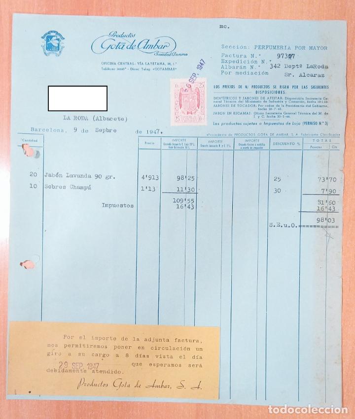 Facturas antiguas: FACTURA PRODUCTOS DE PERFUMER&Iacute;A GOTA DE AMBAR. BARCELONA 1947