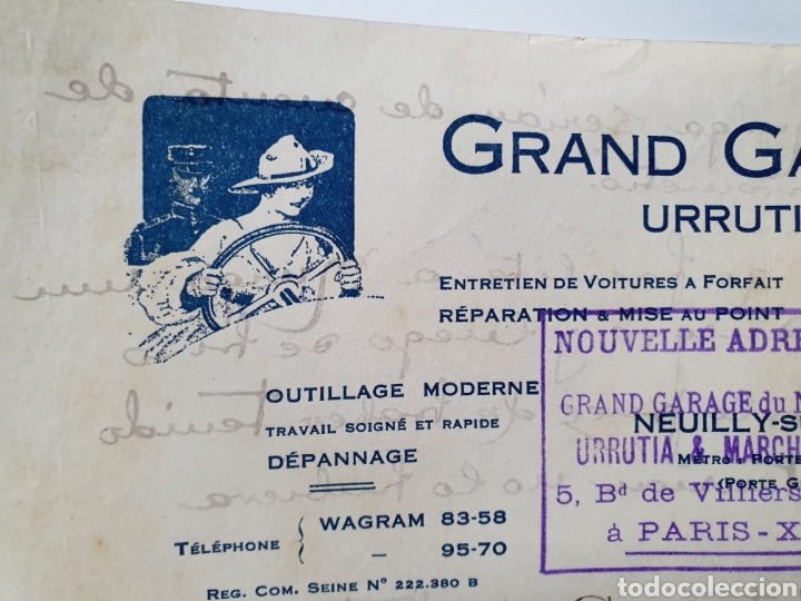 Facturas antiguas: GRAND GARAGE DU NORD. URRUTIA Y MARCHAND. NEUILLY SUR SEINE. ANTIGUA FACTURA 1930.