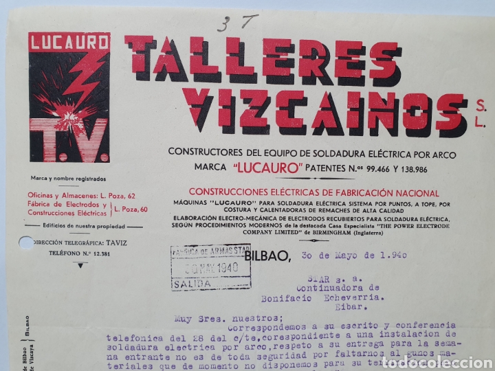 Facturas antiguas: TALLERES VIZCAINOS. LUCAURO. SOLDADURA ELECTRICA. BILBAO. ANTIGUA FACTURA 1940.