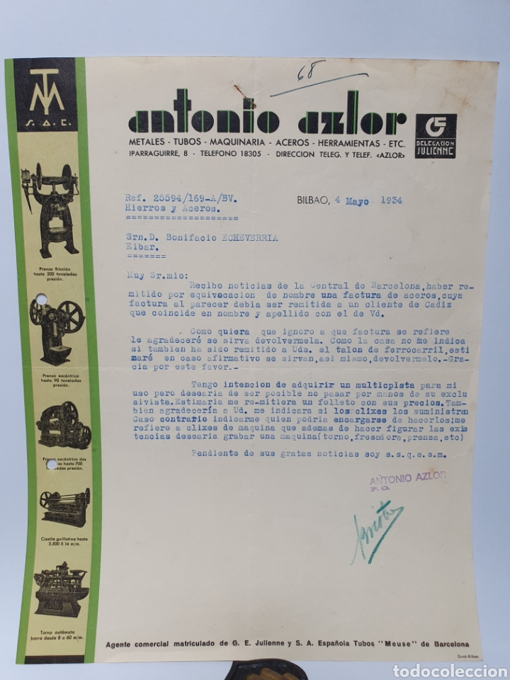 Facturas antiguas: ANTONIO AZLOR. BILBAO 1934. ANTIGUA FACTURA.