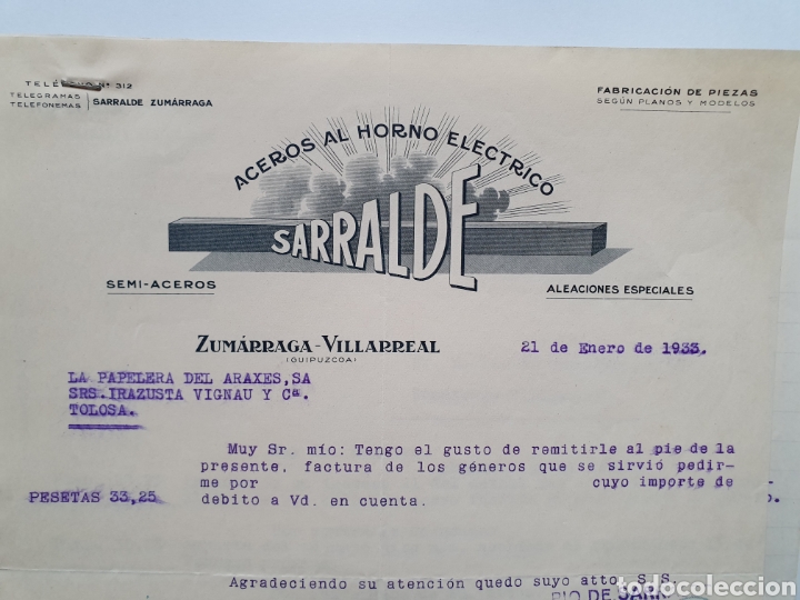 Facturas antiguas: SARRALDE. ACEROS AL HORNO ELECTRICO. ZUMARRAGA, VILLARRAL. ANTIGUA FACTURA 1933.