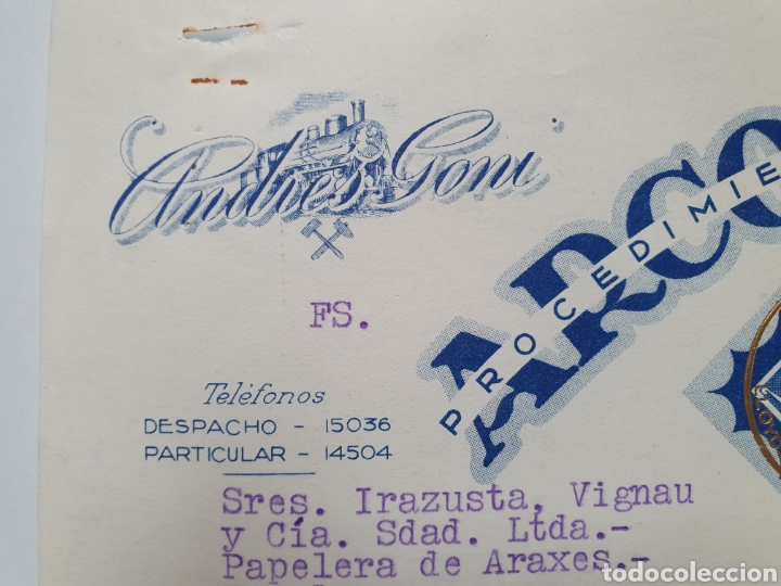 Facturas antiguas: ANDRES GO&Ntilde;I. BILBAO. SOLDADURA ARCOS. ANTIGUA FACTURA 1935.