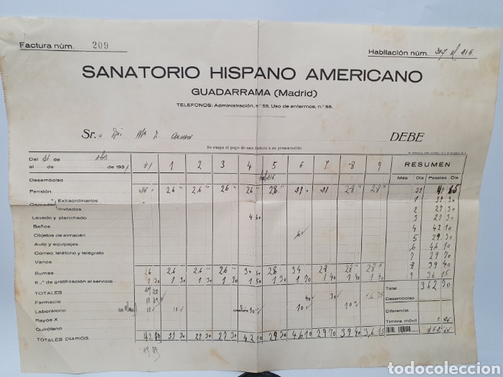 Facturas antiguas: SANATORIO HISPANO AMERICANO. GUADARRAMA. MADRID. FACTURA 1931