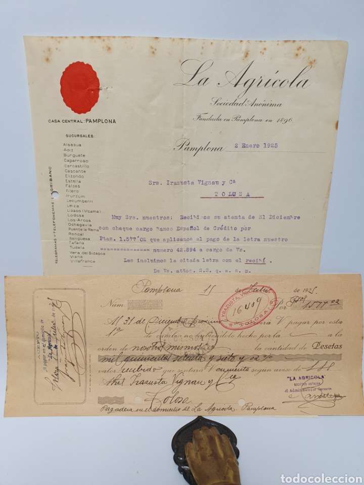 Facturas antiguas: LA AGRICOLA. PAMPLONA. ANTIGUA FACTURA Y PAGAR&Eacute; 1925.