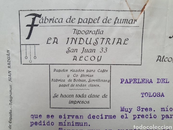Facturas antiguas: ALCOY. FABRICA DE PAPEL DE FUMAR. JUAN RADUAN. ANTIGUA FACTURA 1918.