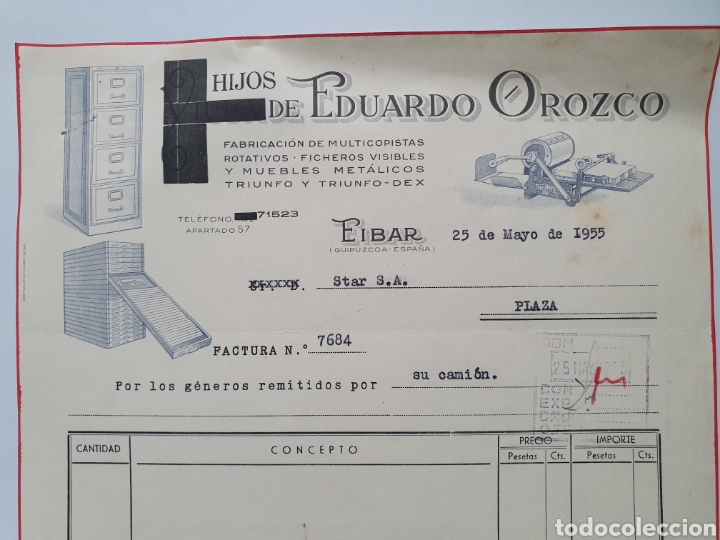 Facturas antiguas: HIJOS DE EDUARDO OROZCO. EIBAR. MULTICOPISTA TRIUNFO. ANTIGUA FACTURA 1955.