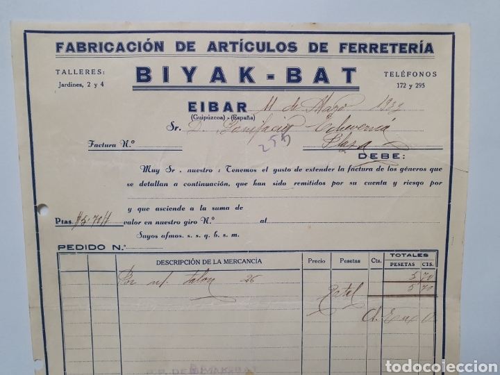 Facturas antiguas: BIYAK-BAT. EIBAR. FABRICACION DE ART&Iacute;CULOS DE FERRETERIA. ANTIGUA FACTURA 1933.