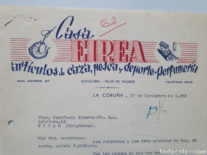 Facturas antiguas: CASA EIREA. CAZA, PESCA, DEPORTE. LA CORU&Ntilde;A. ANTIGUA FACTURA 1953.