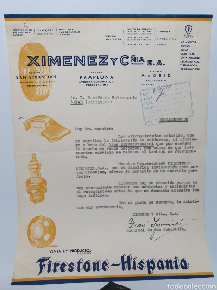Facturas antiguas: XIMENEZ Y CIA. PAMPLONA. FIRESTONE-ESPA&Ntilde;A. 1944.