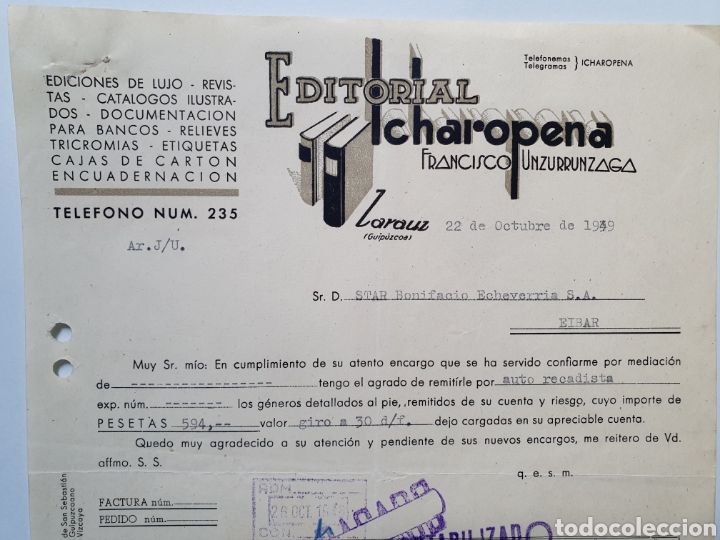 Facturas antiguas: EDITORIAL ICHAROPENA. FRANCISCO UNZURRUNZAGA. ANTIGUA FACTURA 1949. ZARAUZ.