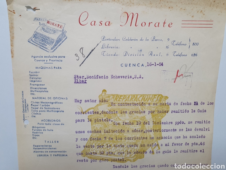 Facturas antiguas: CASA MORATE. CUENCA 1954. ANTIGUA FACTURA.