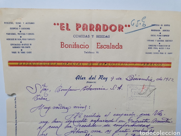 Facturas antiguas: EL PARADOR. BONIFACIO ESCALADA. ALAR DEL REY. PALENCIA. EXPLOSIVOS Y TABACOS. ANTIGUA FACTURA 1952.