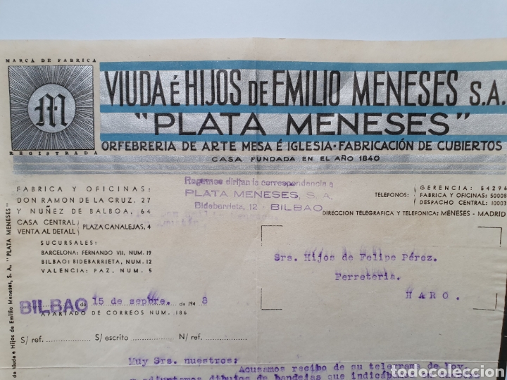 Facturas antiguas: VIUDA E HIJOS DE EMILIO MENESES. ORFEBRERIA DE ARTE. FACTURA 1948.