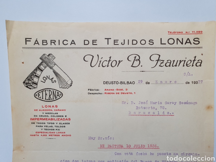 Facturas antiguas: VICTOR B. IZAURIETA. FABRICA DE TEJIDOS LONAS. DEUSTO-BILBAO. ANTIGUA FACTURA 1937.