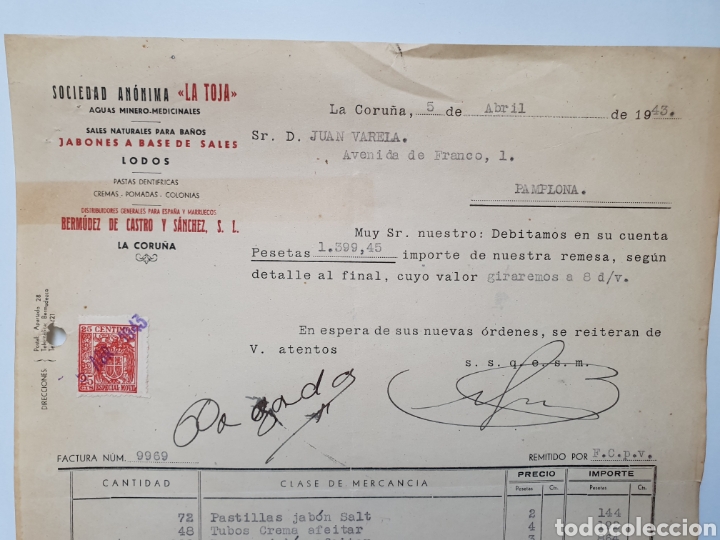 Facturas antiguas: LA TOJA. AGUAS MINERO MEDICINALES. ANTIGUA FACTURA 1943. LA CORU&Ntilde;A.