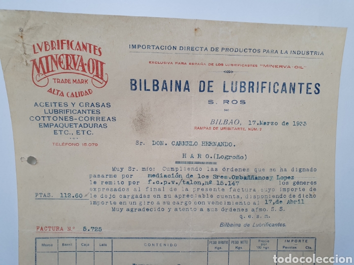 Facturas antiguas: BILBAINA DE LUBRIFICANTES. S. ROS. ANTIGUA FACTURA 1933. BILBAO. MINERVA OIL.