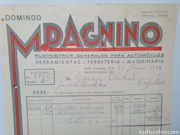 Facturas antiguas: SUMINISTROS AUTOMOVILES. DOMINGO M. DAGNINO. BARCELONA 1944. ANTIGUA FACTURA.