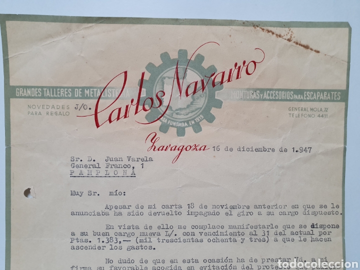 Facturas antiguas: CARLOS NAVARRO. ZARAGOZA. TALLERES. ANTIGUA FACTURA 1947.