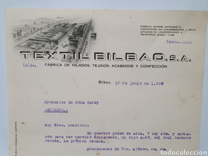 Facturas antiguas: TEXTIL BILBAO. FABRICA DE HILADOS. ASTEPE- AMOREBOETA. ANTIGUA FACTURA 1950.