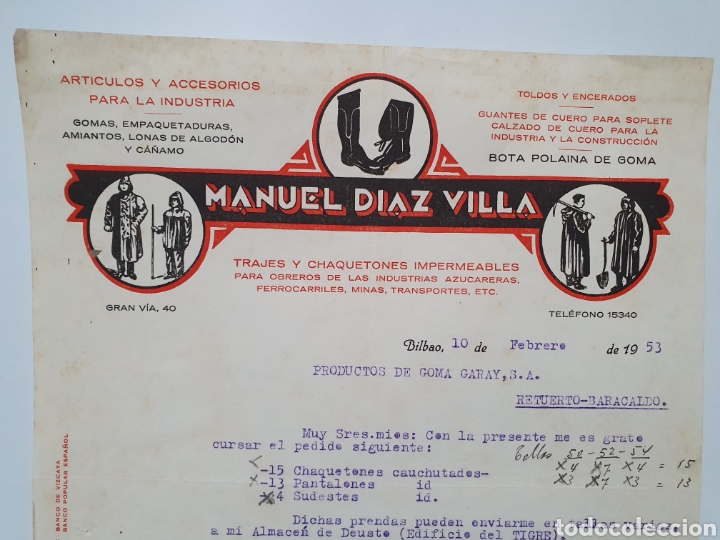 Facturas antiguas: MANUEL DIAZ VILLA. IMPERMEABLES. ANTIGUA FACTURA. BILBAO 1953.