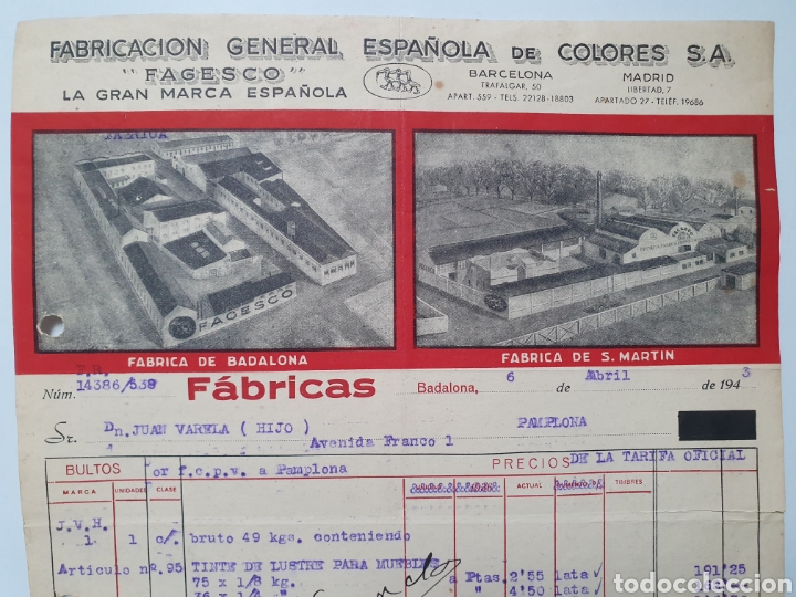 Facturas antiguas: FABRICACION GENERAL ESPA&Ntilde;OLA DE COLORES. ANTIGUA FACTURA. BADALONA 1943.