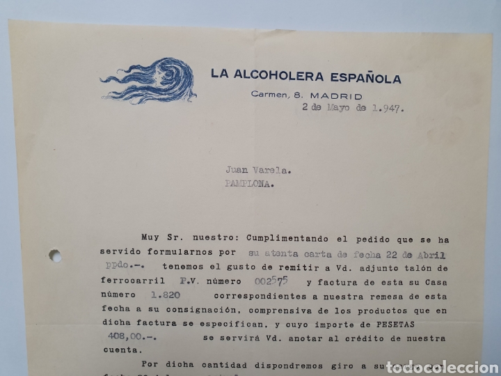 Facturas antiguas: LA ALCOHOLERA ESPA&Ntilde;OLA. MADRID 1947. ANTIGUA FACTURA.