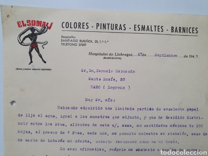 Facturas antiguas: COLORES, PINTURAS, ESMALETES, BARNICES. EL SOMALI. ANTIGUA FACTURA. HOSPITALET DE LLOBREGAT 1947