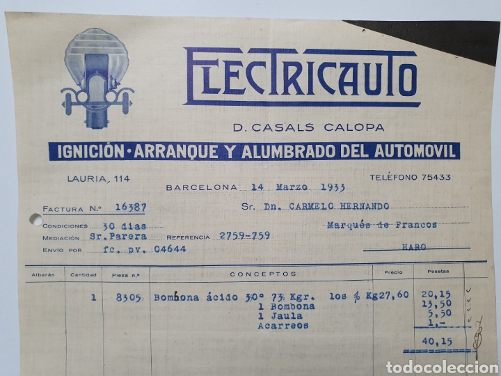Facturas antiguas: ELECTRICAUTO. BARCELONA 1933. ANTIGUA FACTURA. D. CASALS CALOPA.