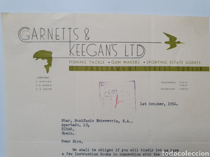 Facturas antiguas: GARNETTS Y KEEGAN'S. DUBLIN 1952. ANTIGUA FACTURA ARMERIA.