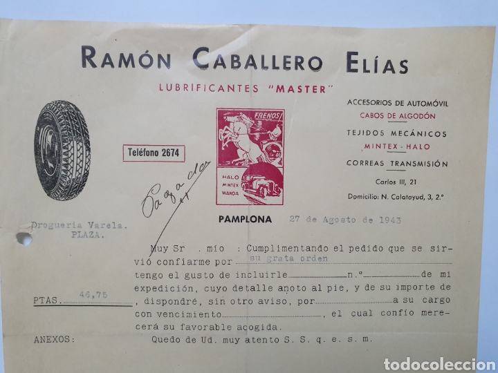 Facturas antiguas: RAMON CABALLERO ELIAS. LUBRIFICANTES MASTER. ANTIGUA FACTURA 1943. PAMPLONA.