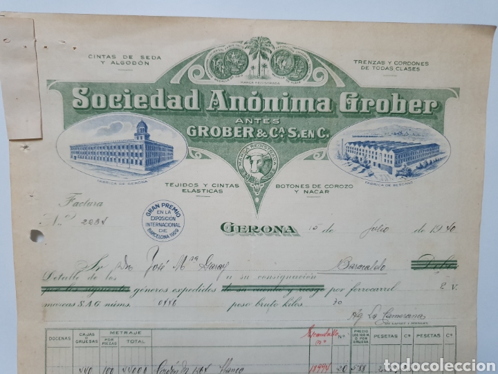 Facturas antiguas: SOCIEDAD ANONIMA GROBER. GERONA. ANTIGUA FACTURA 1940.