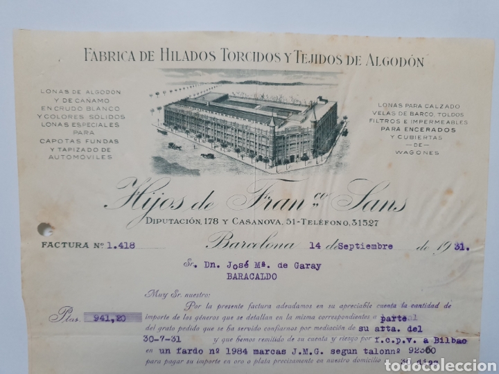 Facturas antiguas: FABRICA DE HILADOS TORCIDOS. HIJOS DE FRANCISCO SANS. BARCELONA. ANTIGUA FACTURA 1931.