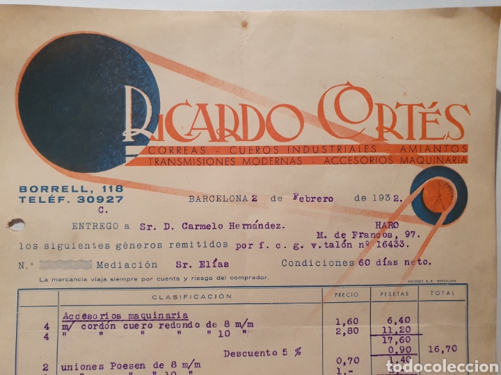Facturas antiguas: RICARDO CORTES. CORREAS, TRANSMISIONES. ANTIGUA FACTURA 1932. BARCELONA.