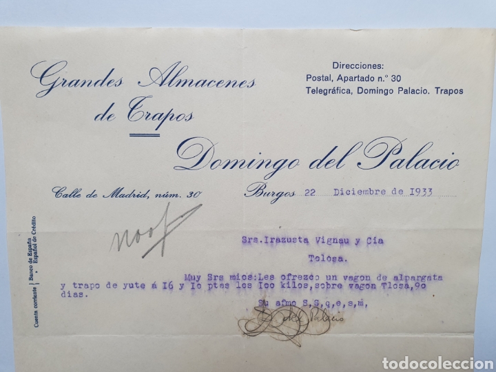 Facturas antiguas: DOMINGO DEL PALACIO. ALMACENES DE TRAPO. BURGOS. FACTURA 1933. ANTIGUA FACTURA &Ntilde;.