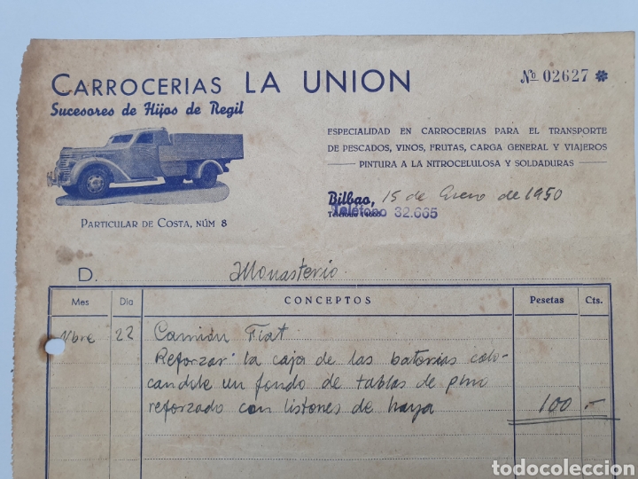 Facturas antiguas: CARROCERIAS LA UNION. SUCESORES DE REGIL. BILBAO 1950. ANTIGUA FACTURA.