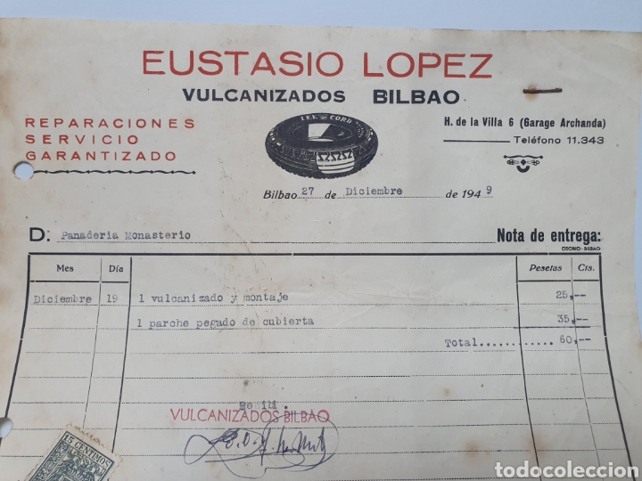 Facturas antiguas: EUSTASIO LOPEZ. VULCANIZADOS BILBAO. ANTIGUA FACTURA 1949.