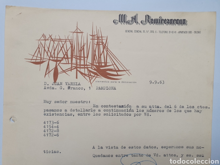 Facturas antiguas: M.A. REMIREZARANA. ALEMENTOS PARA DECORACION. ANTIGJA FACTURA. BILBAO 1963.