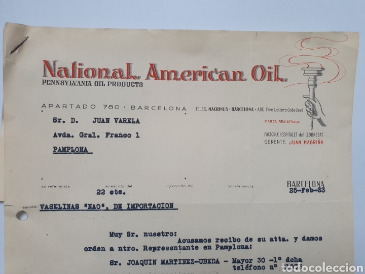 Facturas antiguas: NATIONAL AMERICAN OIL. PENSYLVANIA PRODUCTS. ANTIGUA FACTURA 1963. BARCELONA.