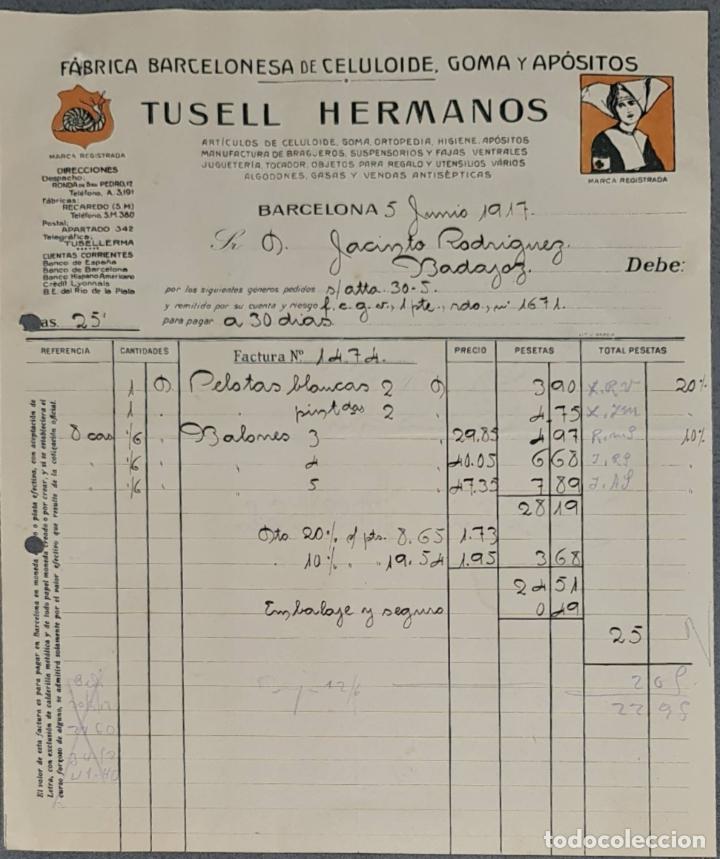 Facturas antiguas: Factura. Tusell Hermanos. F&aacute;brica Barcelonesa de Celuloide, Goma y ap&oacute;sitos. Barcelona. Espa&ntilde;a 1917