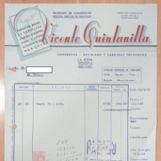 Facturas antiguas: FACTURA ALMACEN DE COLONIALES VICENTE QUINTANILLA. LA RODA, ALBACETE. 1947. Lote 254894775